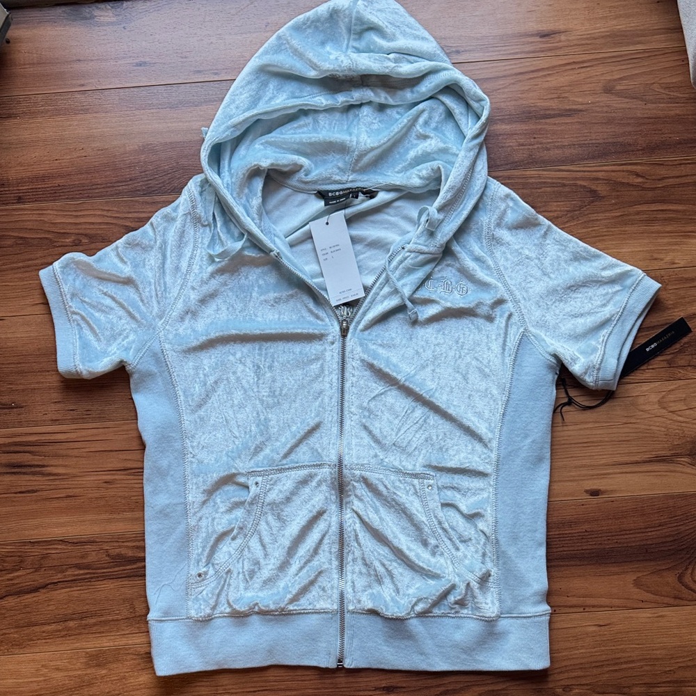 BCBG Maxazria Sky Blue Velour Hoodie and cropped pants